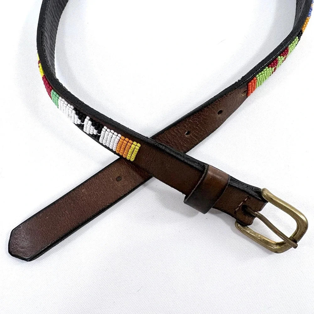 Handcrafted Beaded‎ Leather Belt Brown Colorful Tribal Geometric Brass Buckle 26